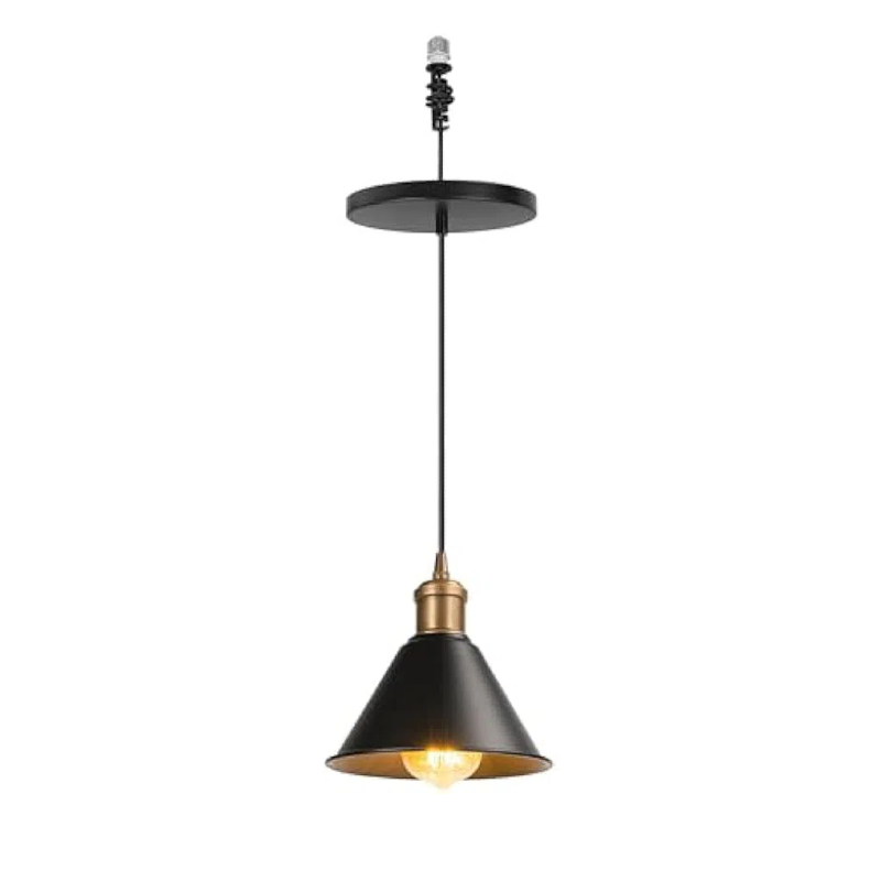 Kiven 1 Light E26 Connections 3.2ft Adjusted Cord Black Metal Shade Vintage Brass Base Ceiling Light Replace Recessed Light Conversion Kit for Kitchen Bedroom Office