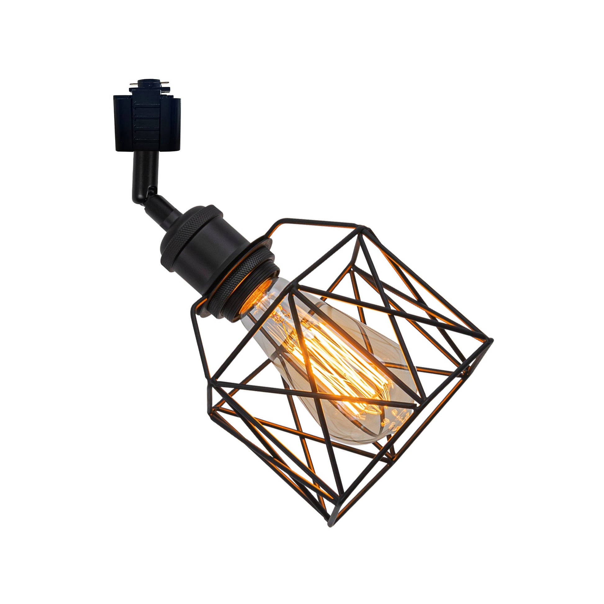 Black metal track light with a geometric cage shade and Edison bulb, perfect for accent lighting and vintage design.