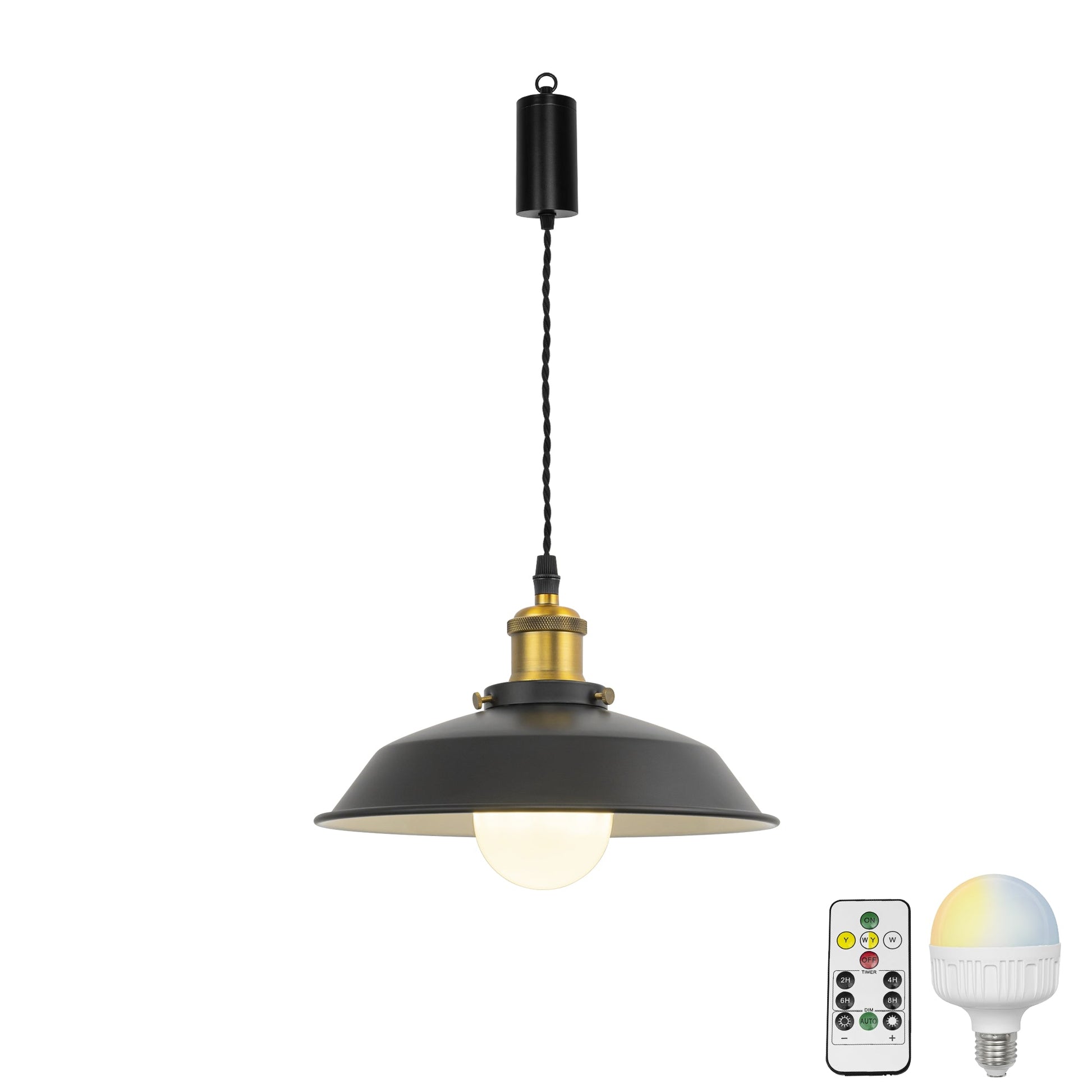 Black pendant light with remote and smart LED bulb. Rechargeable, retro design, adjustable cord, for easy install.