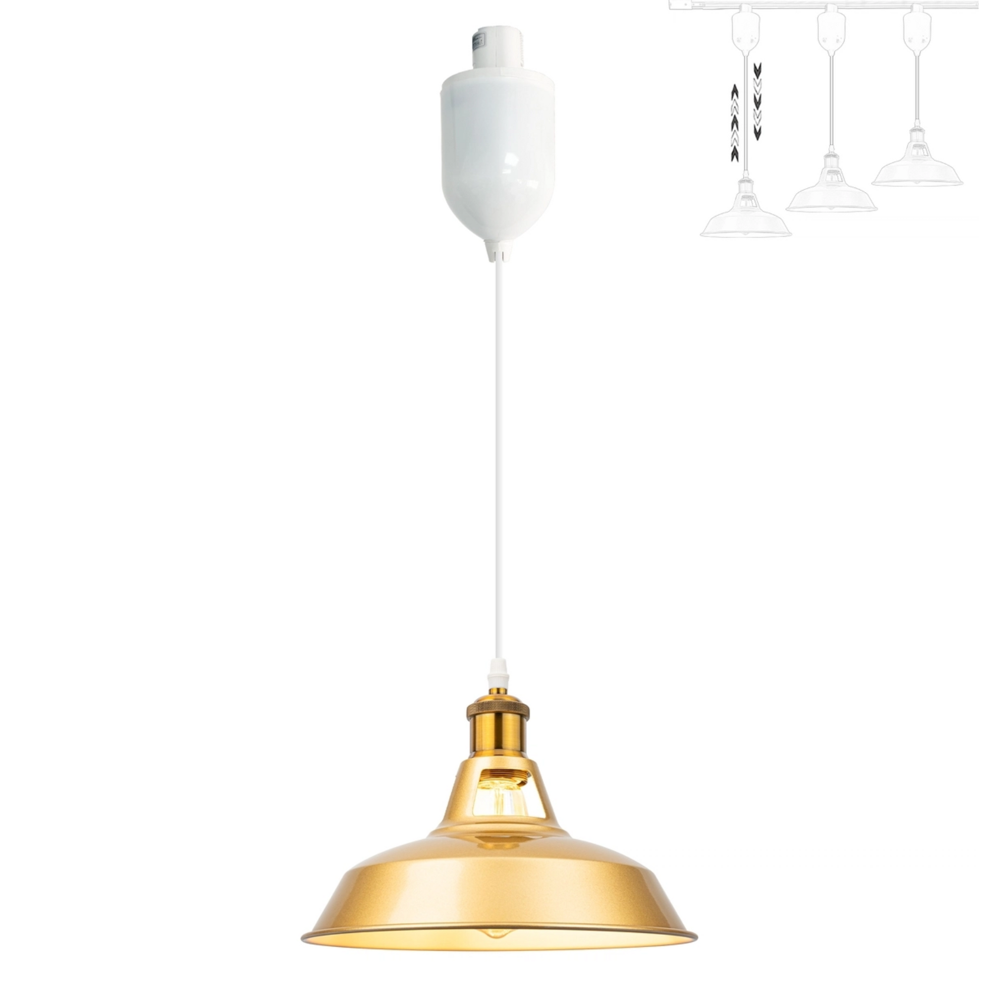 Gold track pendant light with white retractable mechanism cord and white H J L type adapter, vintage iron barn shade fixture for kitchen island.