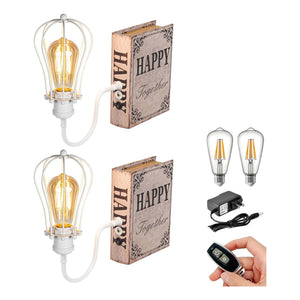 Kiven Cordless Bookshelf Lamp set, white cage lamp with 'HAPPY Together' bookends, includes remote control