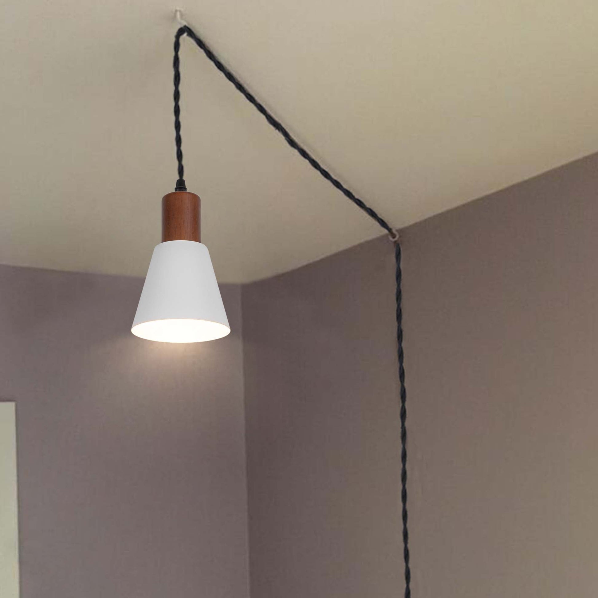 Plug in corded pendant light with walnut base and white metal shade for easy installation and modern living.