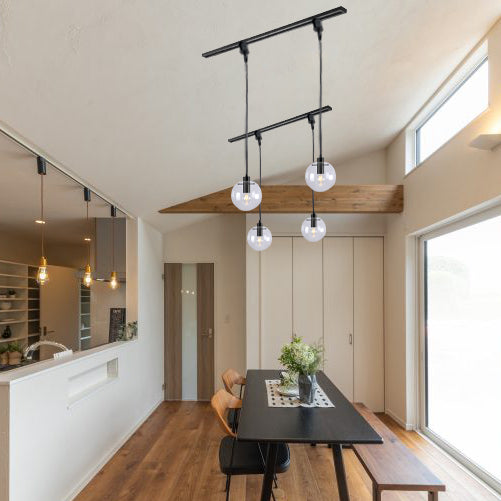 Black modern sloped track light with glass globe shades, E26 base, ideal for inclined ceilings. Perfect for dining room.