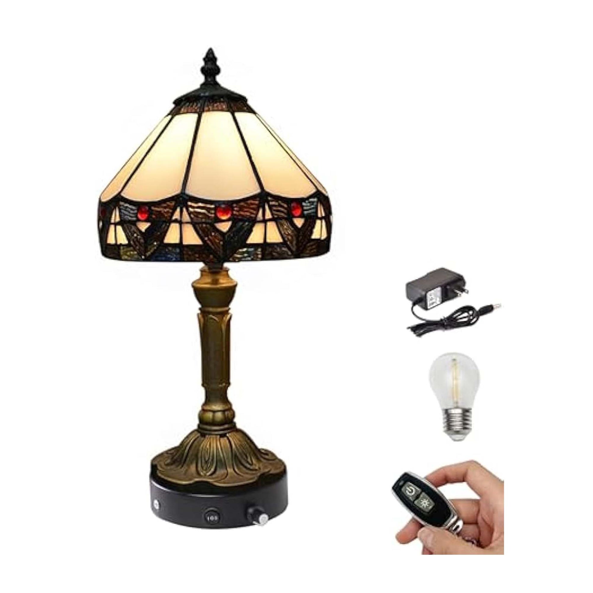 Kiven Cordless Table Lamp,1-Light Dimmable Bedside Lamps for Nightstand with Pink Glass Lampshade, Tiffany-Style Rechargeable Desk Lamp for Reading Home Decor Bedside TD0773