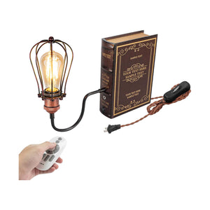 Kiven Industrial Bookshelf Table Lamp with Edison bulb, remote control and rusty red finish, with SAMPLE TEXT on the book