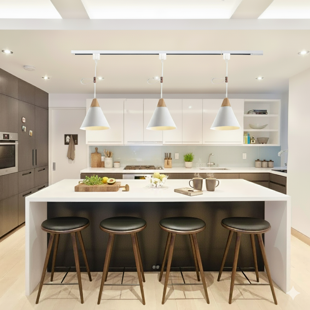 Kiven H-Type Track Lighting Pendant Scandinavian Style White Track Light with Cord Lock for Shorten Cord Length, Wood Adjuster