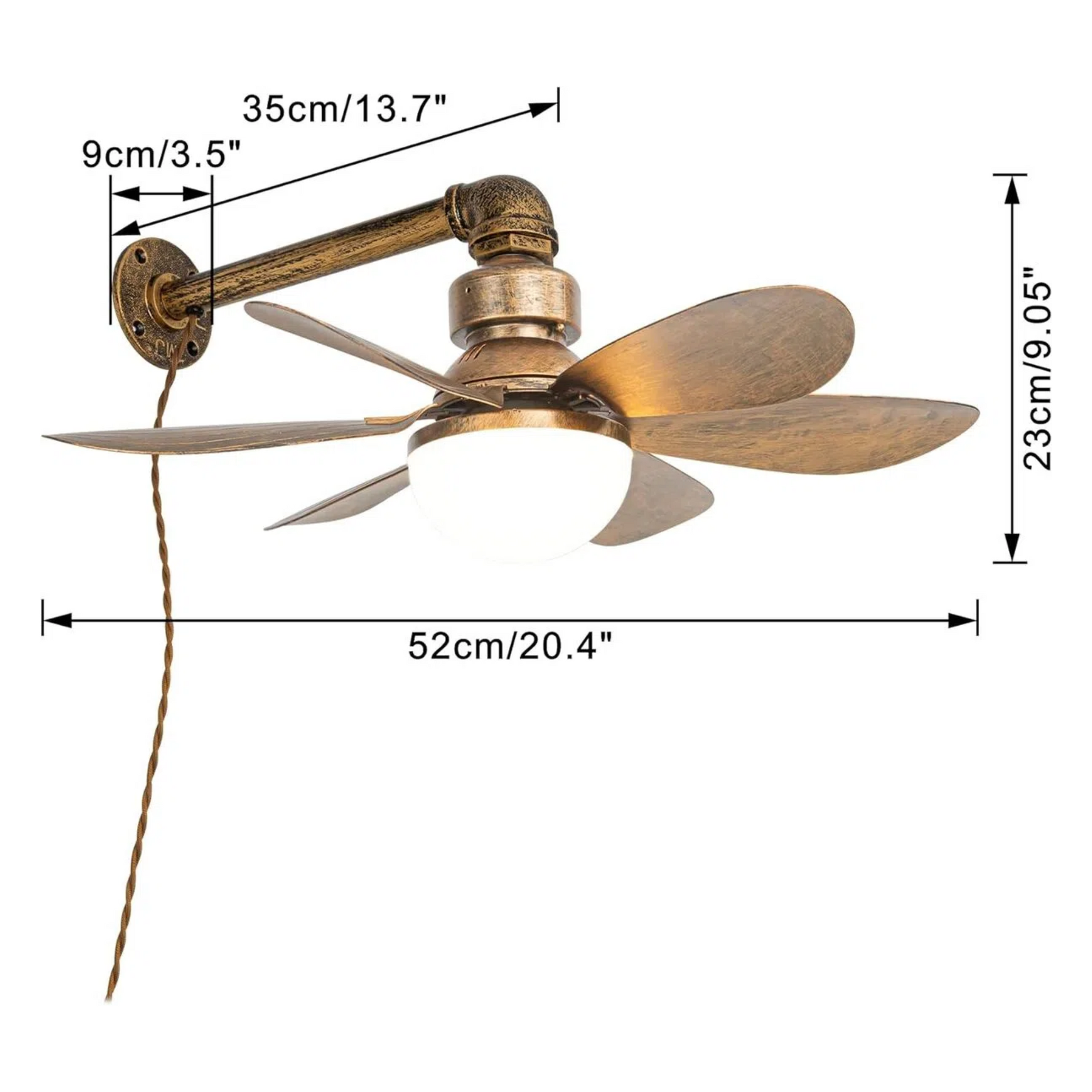 Retro wall mount fan with light dimensions diagram: 20.4" wide, 13.7" arm length, antique bronze finish