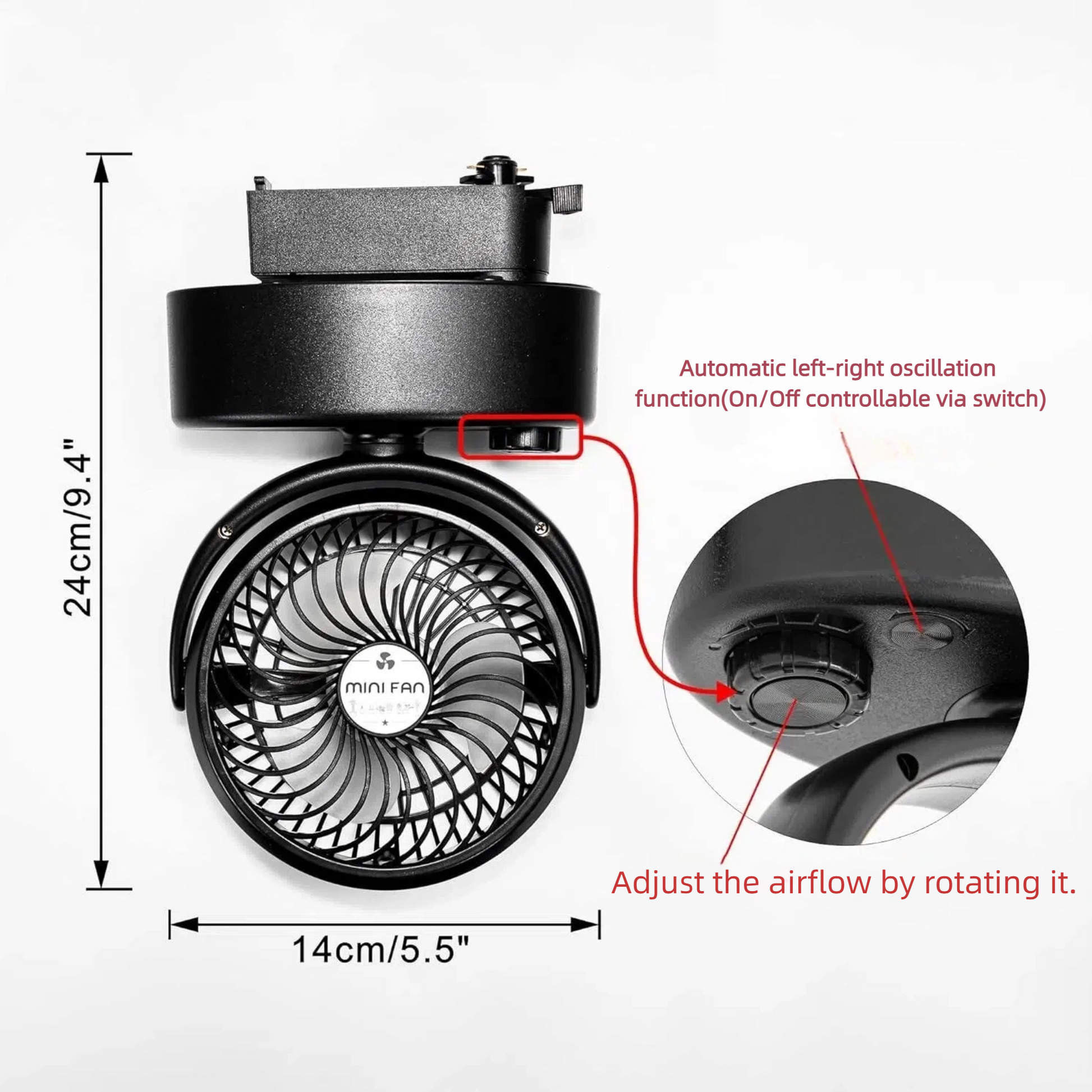360° Adjustable H Track Rail Fan with Auto-Oscillation, Matte Black Mini Blower for Indoor Plants & Pets, Stepless Speed Control Air Circulator