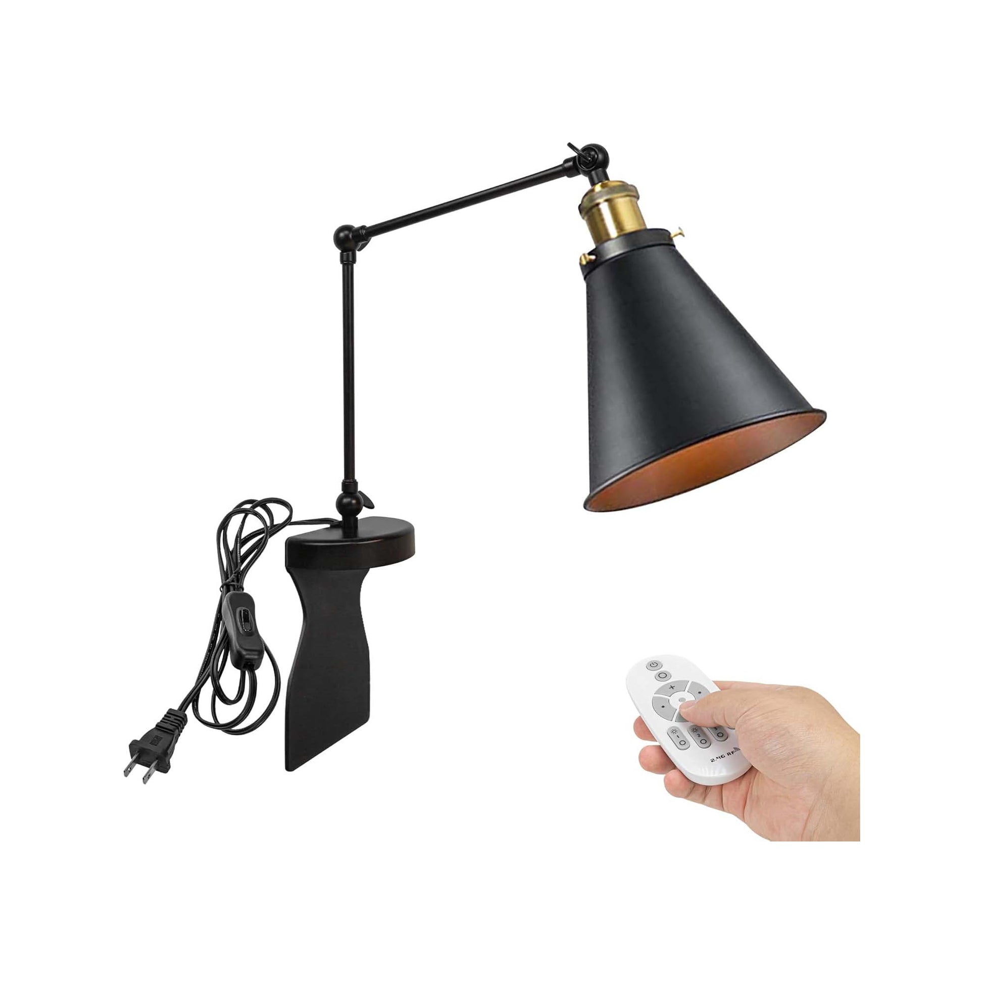 Kiven Headboard Reading Light, Dimmable LED Book Reading Lamp, Industrial Nightstand Lamp with Adjustable Swing Arm, 8.2ft Cord, Remote Control for Reading Bedside Side Table Desk, Black&Gold