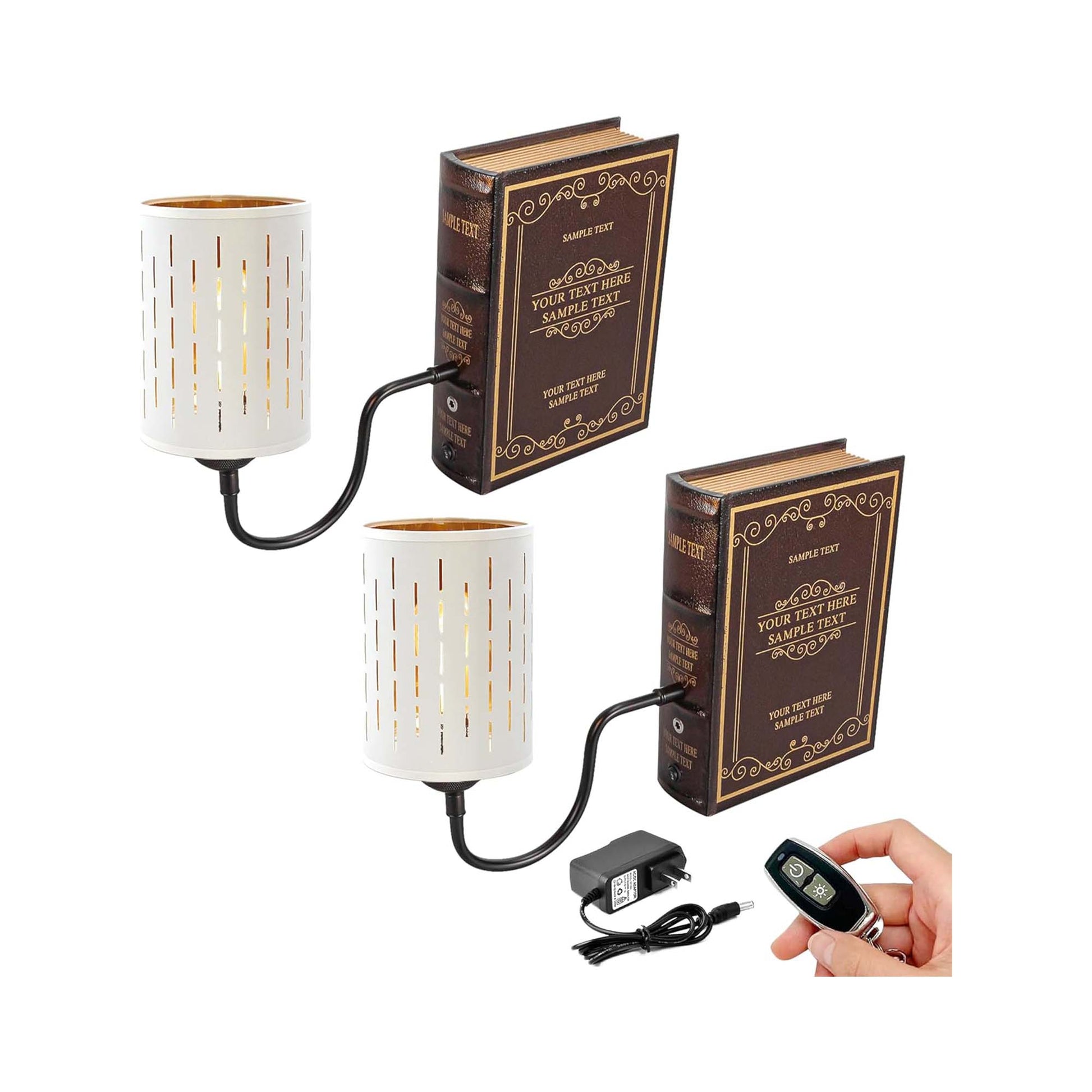 Kiven Cordless Bookshelf Lamp, Set of 2 Rechargeable Bookcase Lighting with White Fabric Lampshade, Farmhouse Decorative Bookend, Cordless Table Lamp for Bedside Bookshelf Office Home Decor-DZ0286-3