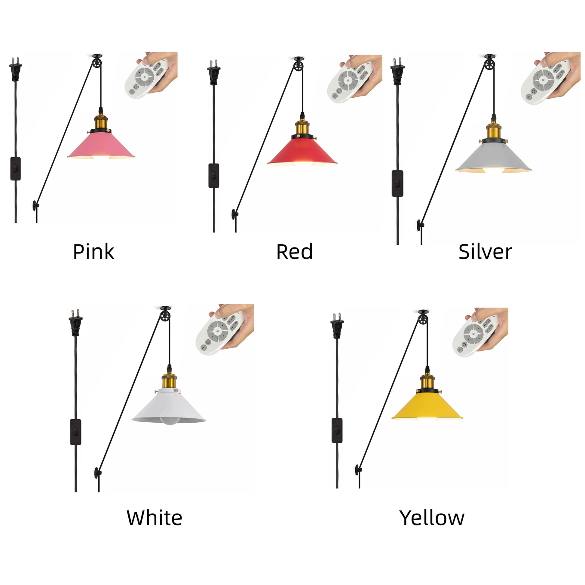 Kiven Lighting industrial pulley pendant lamp with multiple color options. Plug-in cord design.
