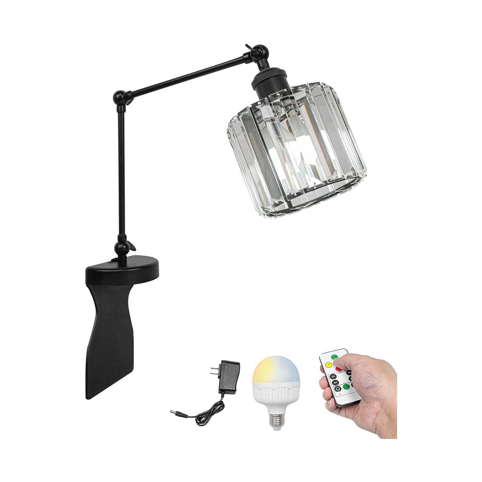 Kiven Battery Operated Headboard Reading Light, Dimmable LED Book Reading Lamp, Modern Crystal Nightstand Lamp with Adjustable Swing Arm,Remote for Reading Bedside Side Table Desk