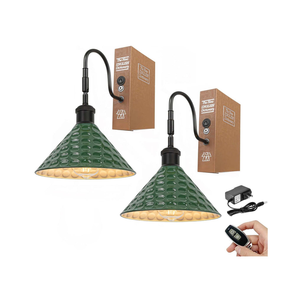 Kiven Cordless Bookshelf Lamp, Set of 2 Rechargeable Bookcase Lighting with Green Iron Lampshade, Farmhouse Decorative Bookend, Cordless Table Lamp for Bedside Cabinet Bookshelf Home Decor