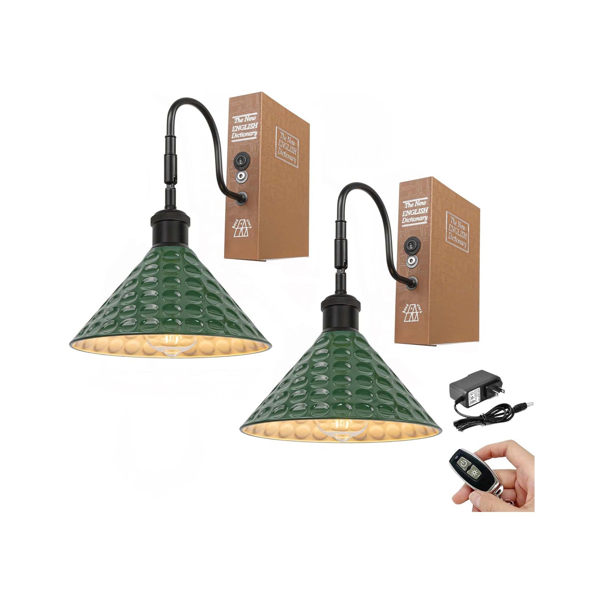 Kiven Cordless Bookshelf Lamp, Set of 2 Rechargeable Bookcase Lighting with Green Iron Lampshade, Farmhouse Decorative Bookend, Cordless Table Lamp for Bedside Cabinet Bookshelf Home Decor