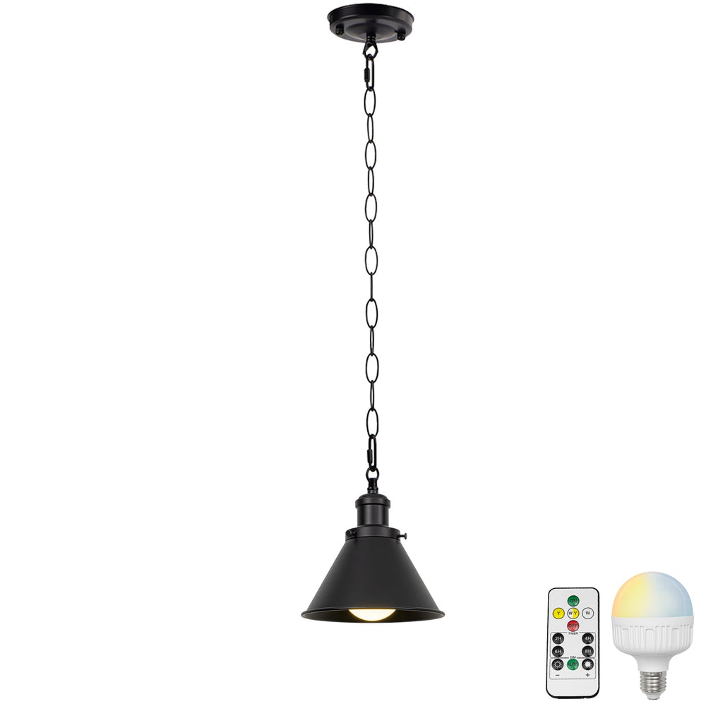Black metal pendant light with remote control and LED bulb. Dimmable, wireless lighting for modern spaces.