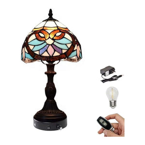 Kiven Cordless Tiffany Table Lamp with Pink Glass Lampshade. Dimmable bedside lamp for home decor.