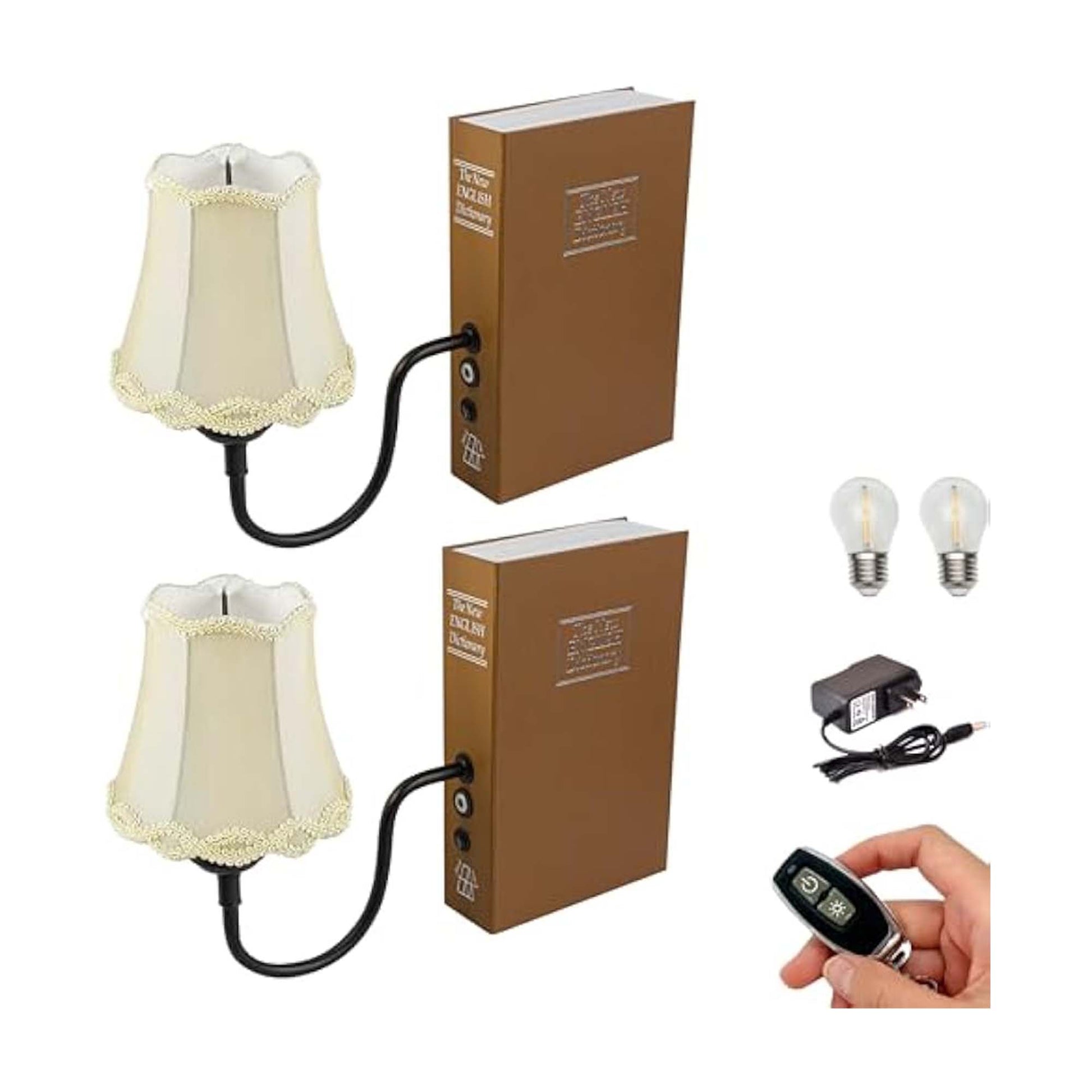 Kiven Cordless Table Lamp, Set of 2 Rechargeable Bookcase Lighting with Cream Fabric Lampshade, Farmhouse Decorative Bookend, Cordless Lamp for Bedside Bookshelf Office Home Decor