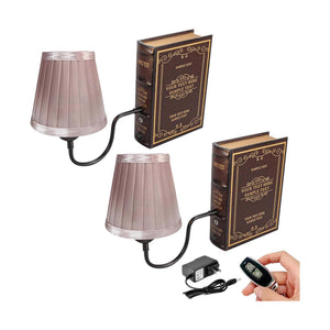 Kiven Bookshelf Lamp set of 2, featuring pink fabric lampshades and book-shaped bases. Includes remote and adapter.