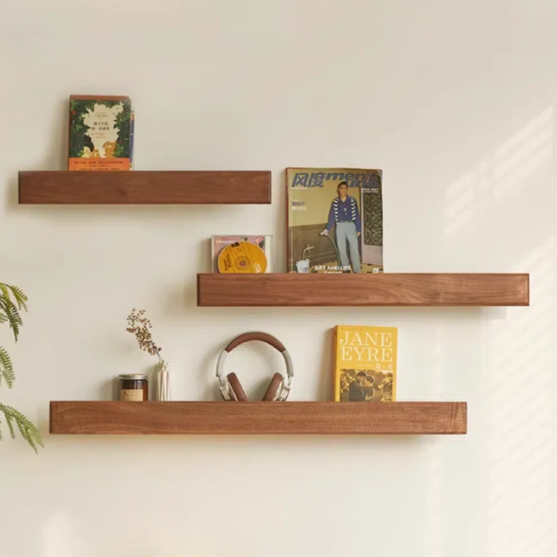 Battery-powered lamp with hand-sweep switch, wall-mounted bookshelf and newspaper/magazine rack, made of black walnut solid wood