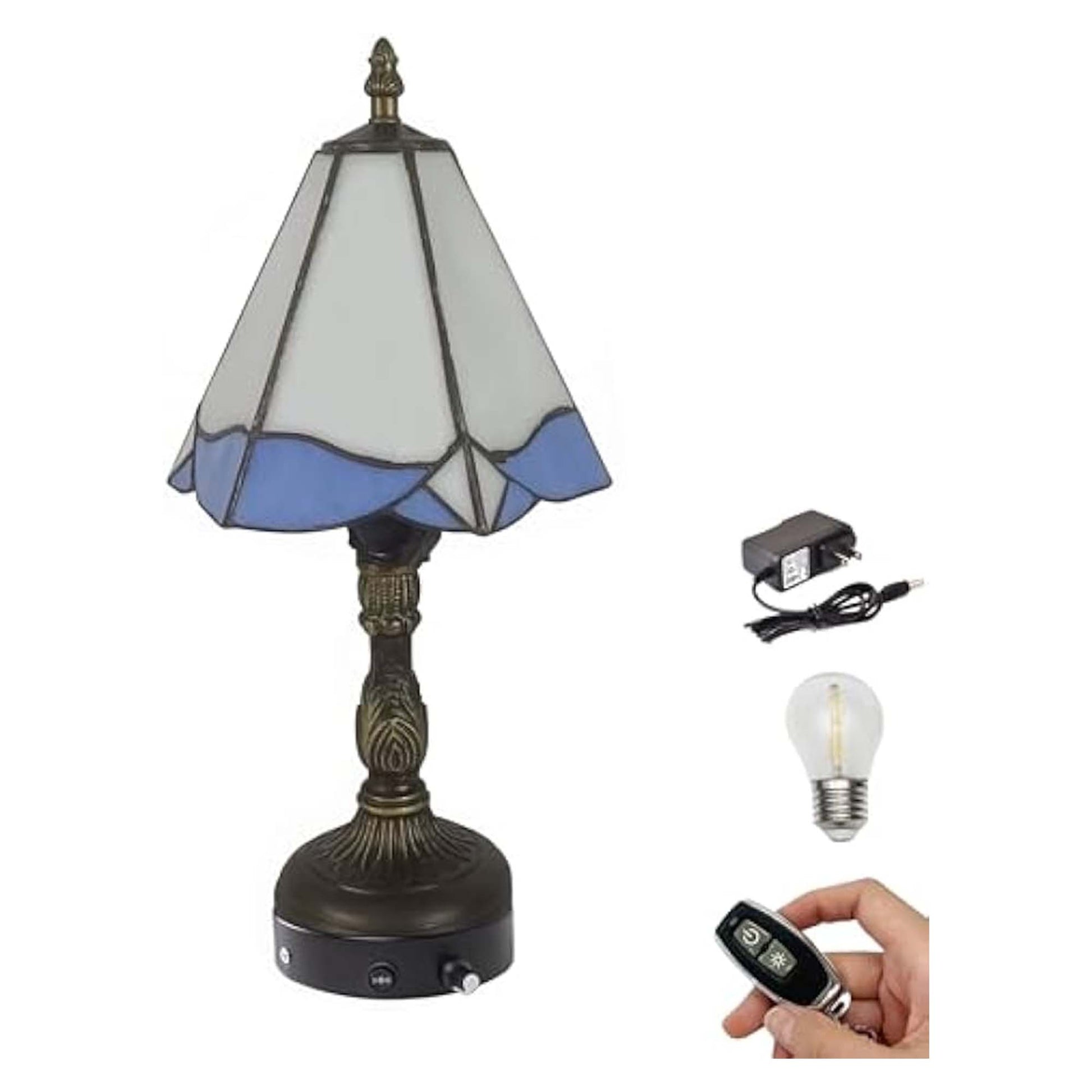 Kiven Cordless Table Lamp,1-Light Dimmable Bedside Lamps for Nightstand with Glass Lampshade, Cordless Tiffany Lamp for Reading Home Decor Bedside TD0915