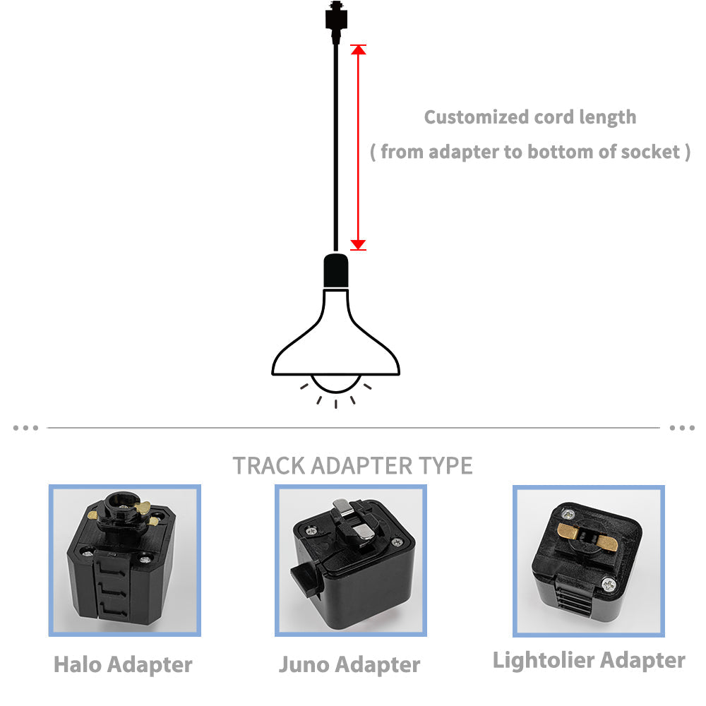 Sloped track light with adjustable cord length and Halo, Juno, Lightolier track adapter options for easy installation.