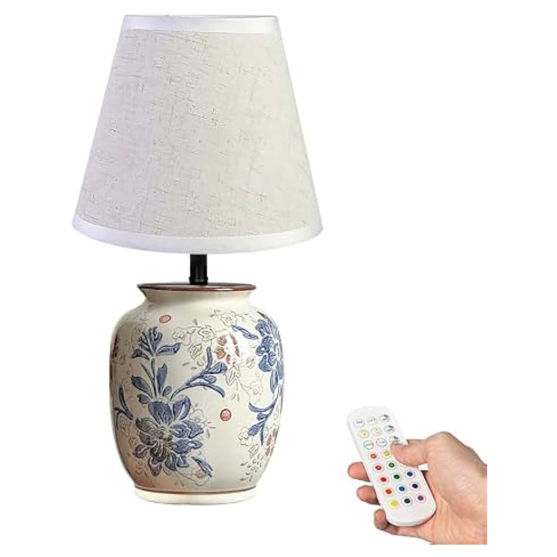 Kiven Cordless Table Lamp, Dimmable LED Vase Lamps with Fabric Lampshade, Classic Cottage Ambient Light, 1-Light Rechargeable Nightstand Lamp for Office Bookcase Bedside TD0993