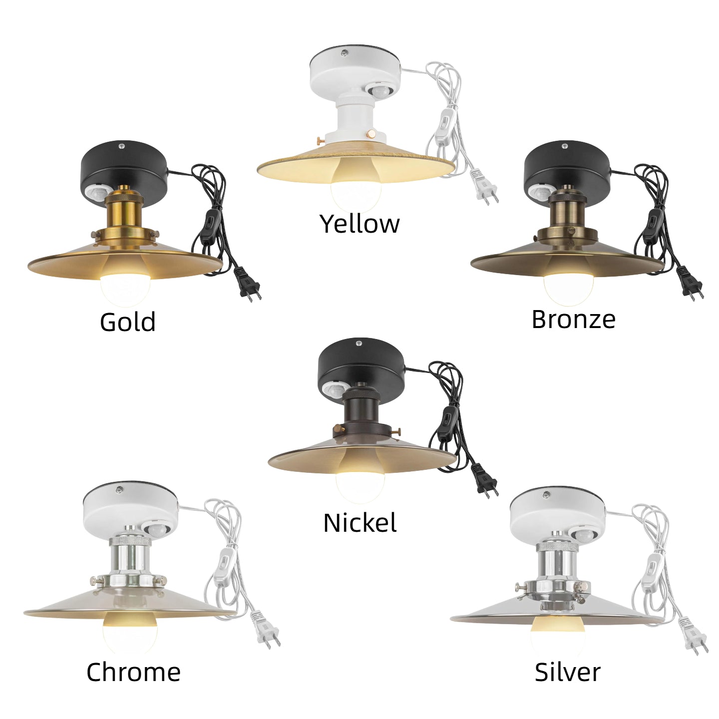 Kiven Motion Sensor Ceiling Light, showcasing various finishes: Gold, Yellow, Bronze, Nickel, Chrome, Silver, plug-in.