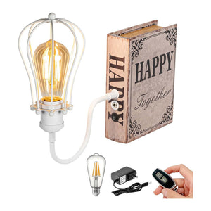 Kiven Bookshelf Lamp with 'HAPPY Together' bookend, white iron lampshade, LED. Includes extra bulb, adapter, remote.