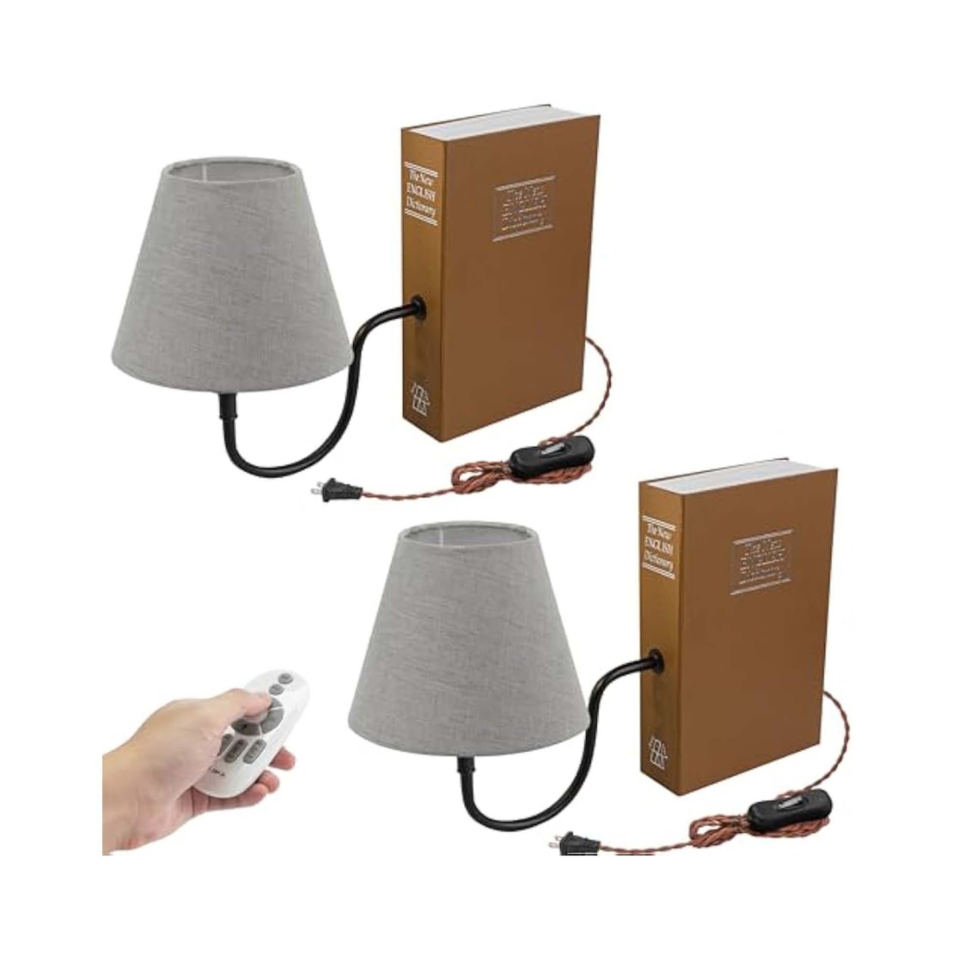 Kiven Plug-in Table Lamp, Set of 2 Vintage Bookshelf Lamp with Gray Fabric Lampshade, Farmhouse Decorative Bookend, Plug in Book Lamp for Office Home Decor Bedside Bookcase