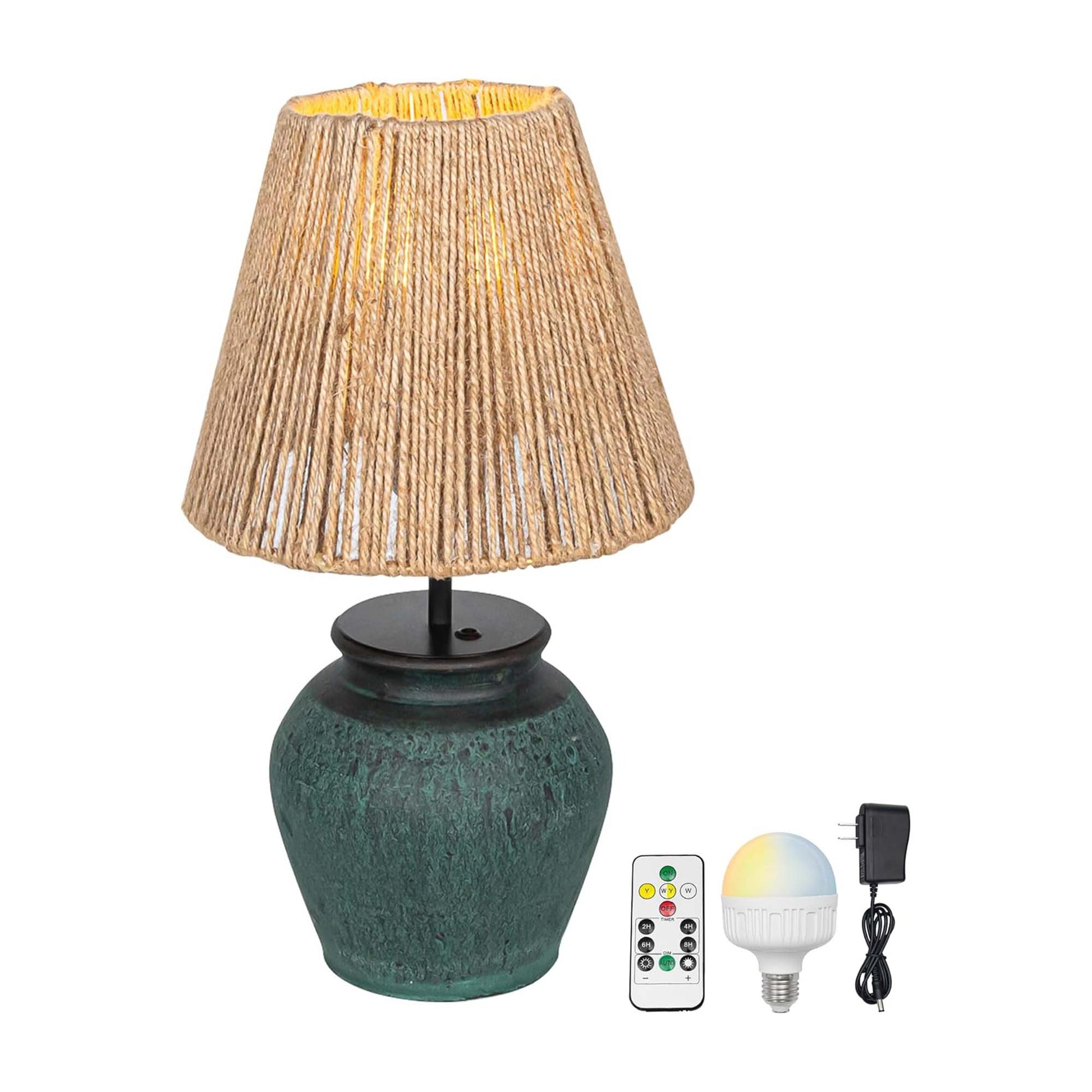 Kiven Cordless Table Lamp, Dimmable LED Vase Lamp with Brown Hemp Rope Lampshade, Green Undertones Ceramic Pot, 1-Light Rechargeable Nightstand Lamp for Office Reading Home Decor Bedside