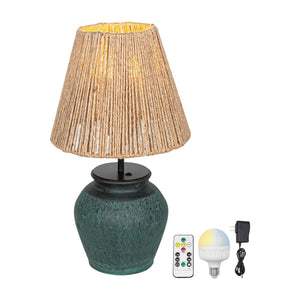 Kiven Cordless Table Lamp with hemp rope lampshade and green ceramic pot base, dimmable LED nightstand lamp