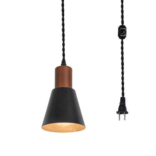 Plug In Outlet Corded Hanging Light Walnut Base Metal Black/White Shade Retro Living Lamp