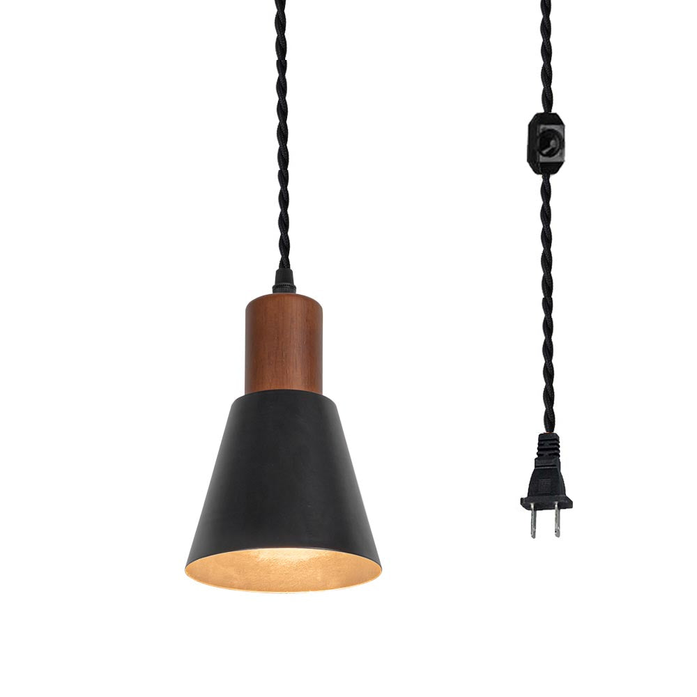 Plug In Outlet Corded Hanging Light Walnut Base Metal Black/White Shade Retro Living Lamp