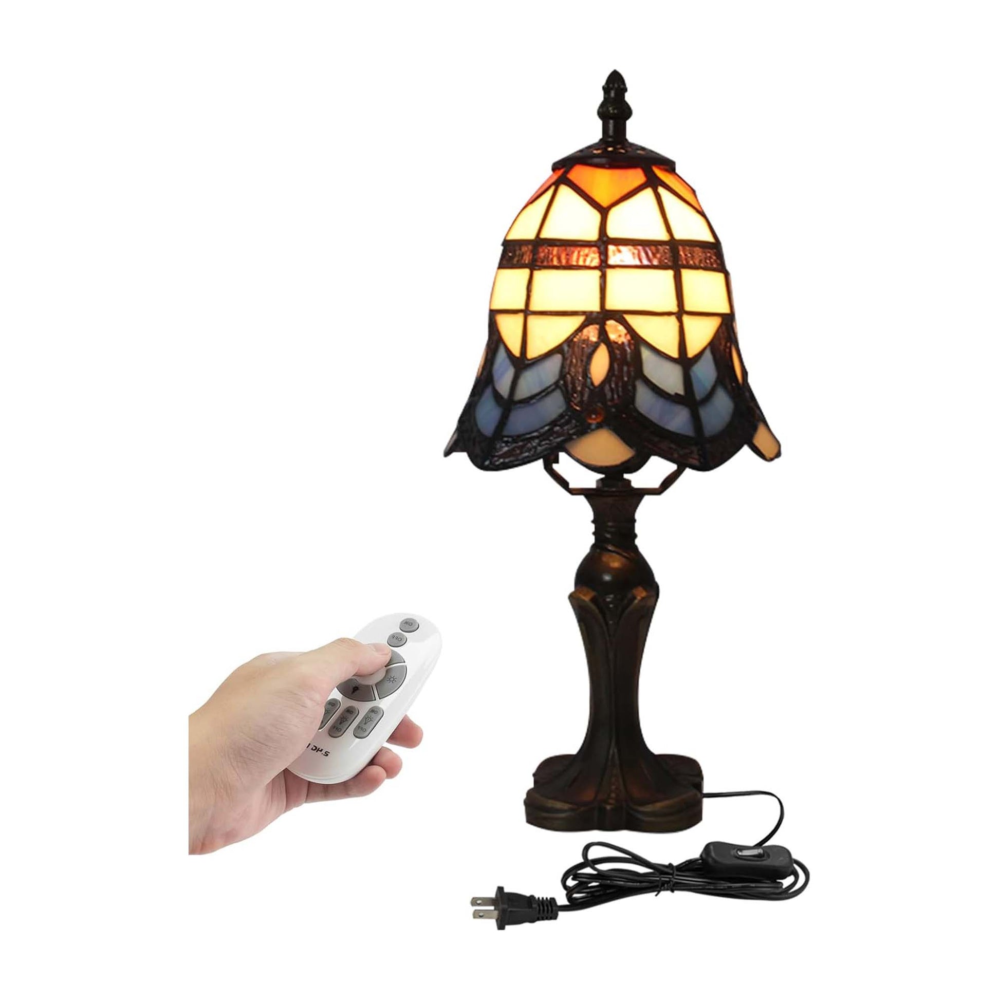Kiven Plug in Table Lamp, Dimmable Desk Lamp with φ5.9 Glass Lampshade,Tiffany Style Nightstand Lamp Plug in with Remote Control for Living Room Reading Bedside Lamp, 1-Light