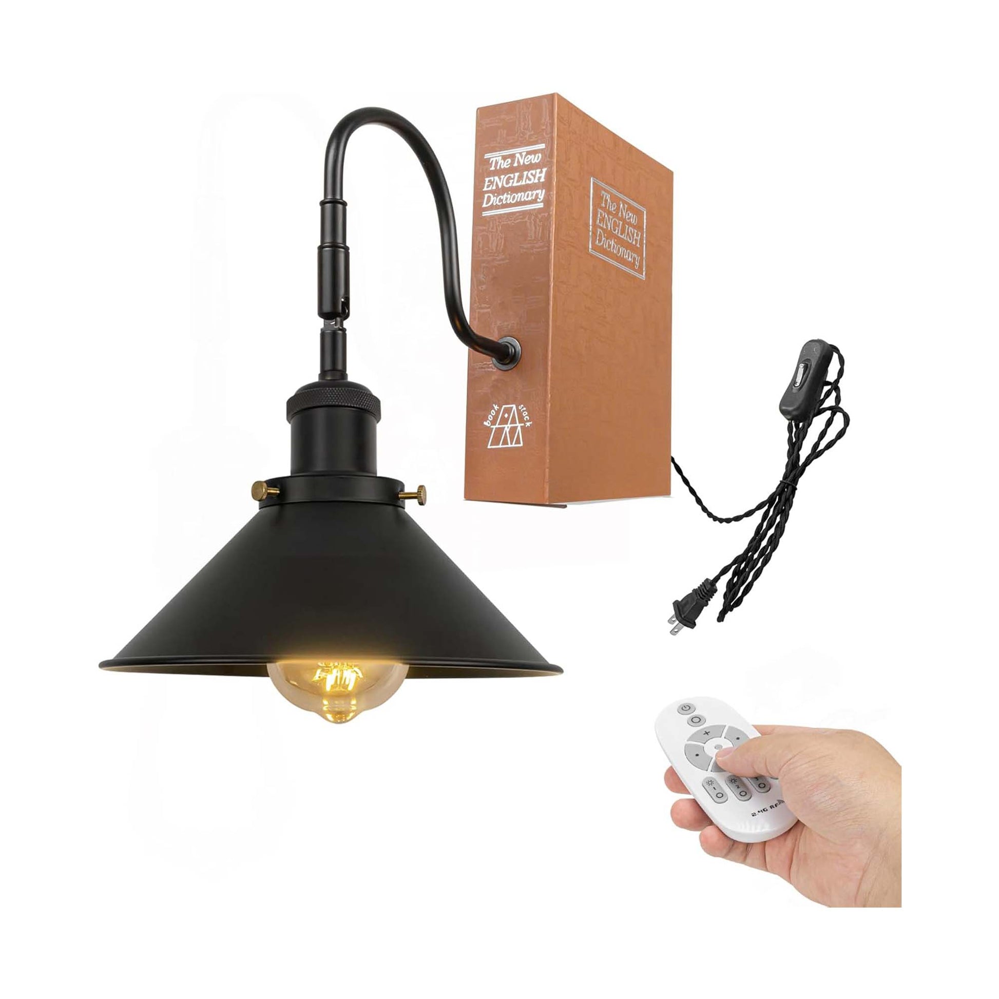 Kiven 1-Light Vintage Bookshelf Table Lamp with Remote Control, Farmhouse Decorative Bookend, Plug in Book Lamp for Office Home Decor Bedside Bookcase, Black