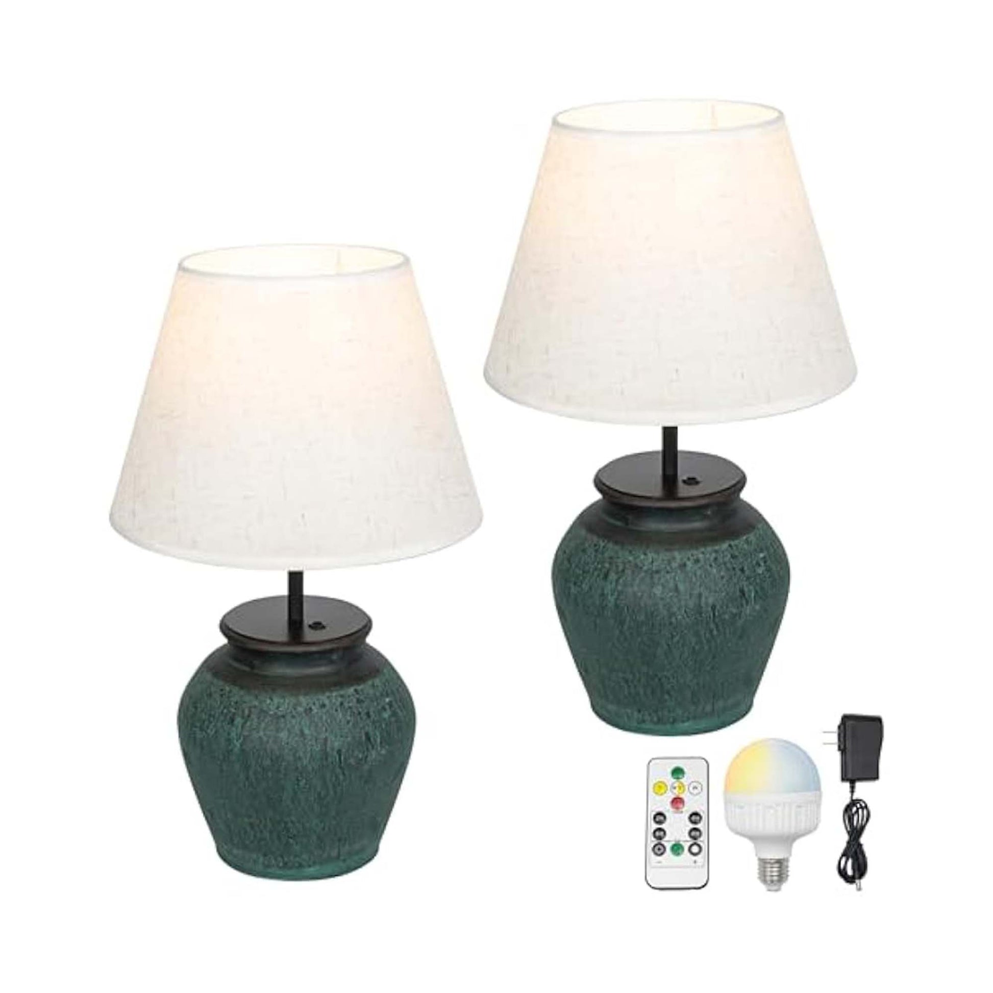 Kiven Cordless Table Lamp, Dimmable LED Vase Lamp with White Fabric Lampshade, Green Undertones Ceramic Pot, Set of 2 Rechargeable Nightstand Lamp for Office Reading Home Decor Bedside