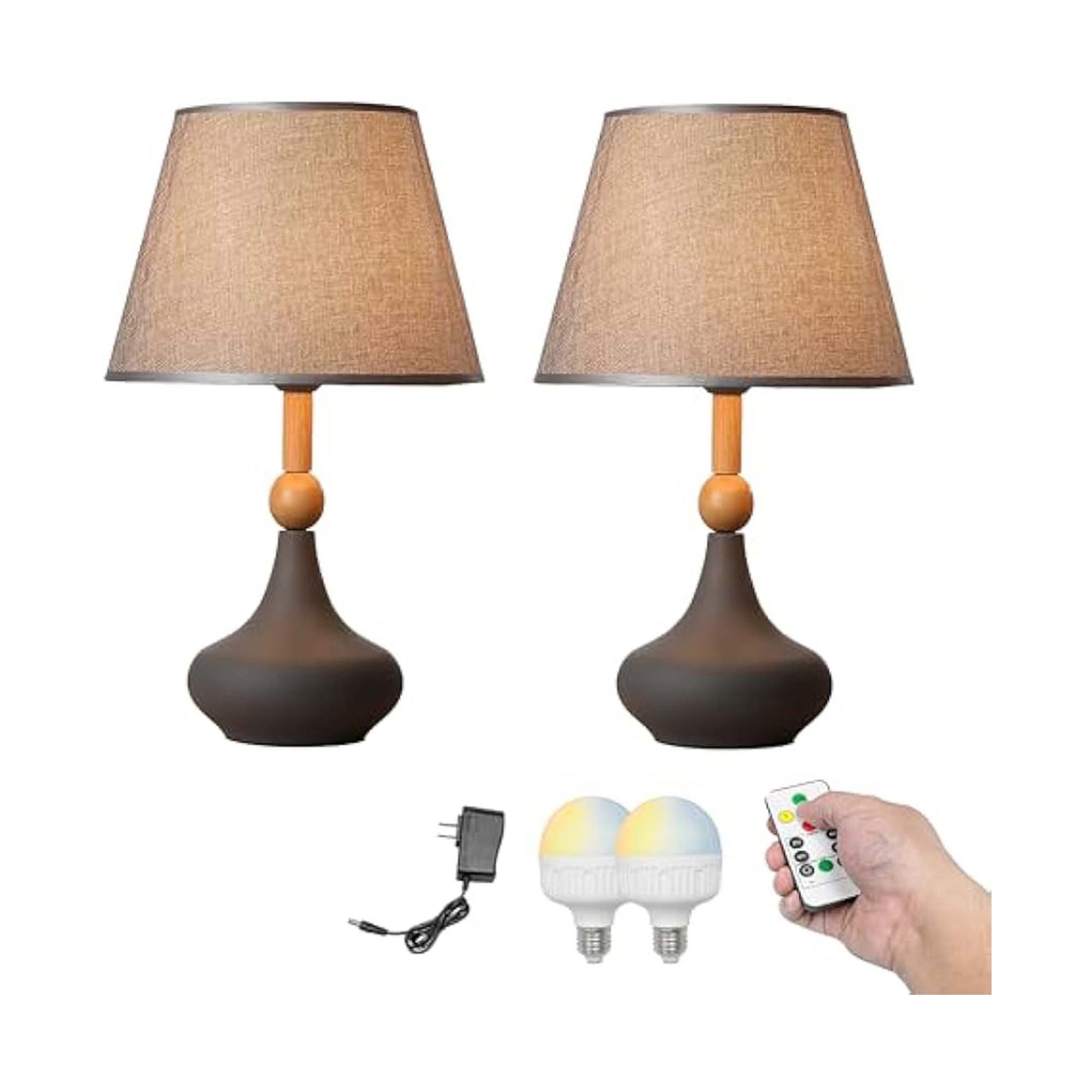 Kiven Cordless Table Lamp, Dimmable Ceramic Bedside Lamps for Nightstand with Gray Fabric Lampshade, Modern Rechargeable Desk Lamp for Reading Home Decor Bedside,Set of 2