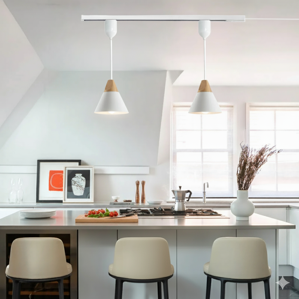 Adjustable Track Pendant Light White Nordic Style H-Type Track Light with a Dimmable Bulb for Kitchen Island, Living Room
