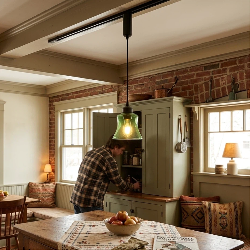 Kiven Retro H Track Pendant Light, Nordic Vintage American Farmhouse Industrial Green Glass Shade, for Cafe Bar Restaurant Hallway Lighting