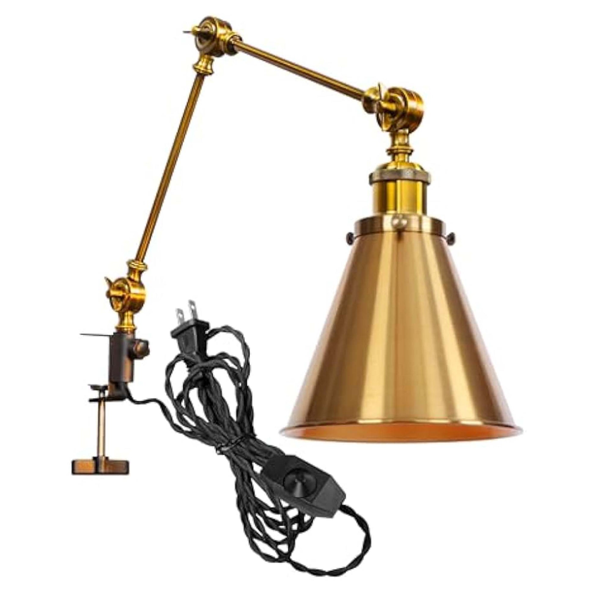 Kiven Dimmable Clamp Lamp, 1-Light Aluminum Nightstand Lamp with Flexible Swing Arm, 8.2FT Plug in Cord, Industrial Decorative Clip-on Desk Lamp for Bookshelf Office Bedside,Gold