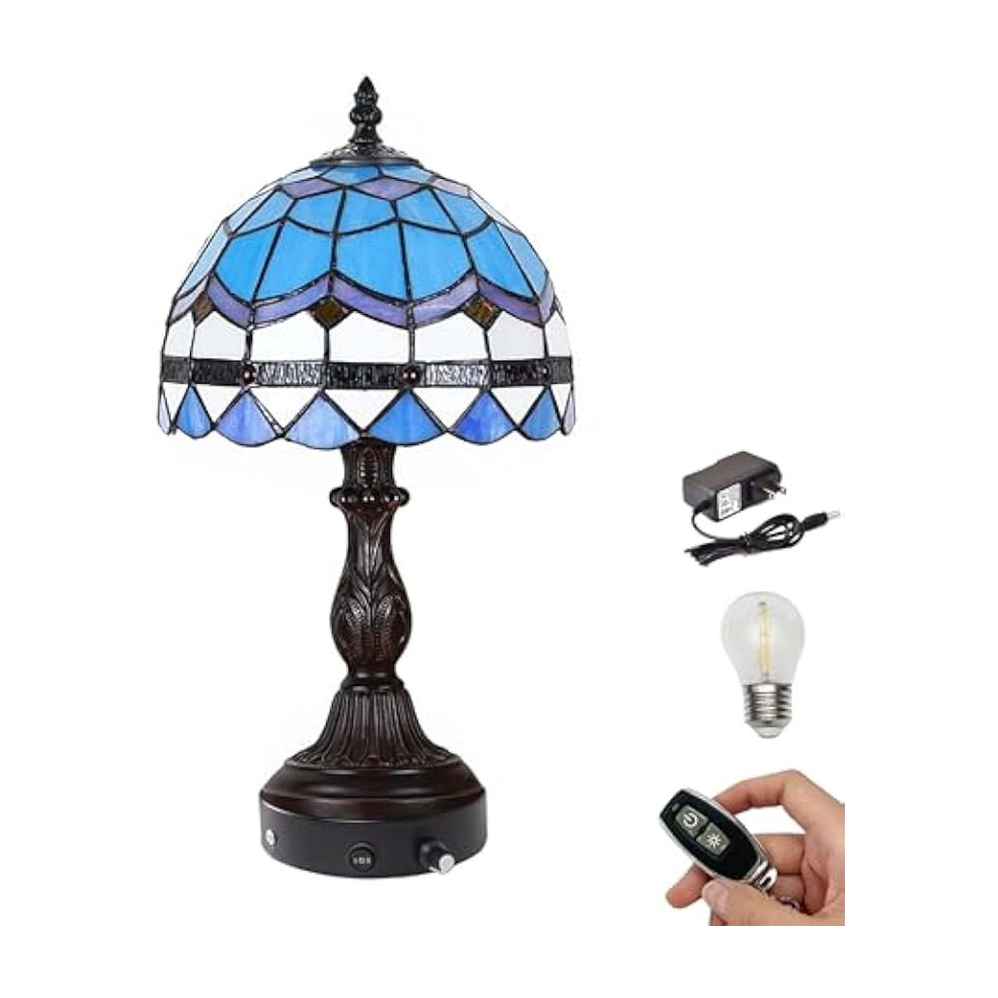 Kiven Cordless Table Lamp,1-Light Dimmable Bedside Lamps for Nightstand with Pink Glass Lampshade, Tiffany-Style Rechargeable Desk Lamp for Reading Home Decor Bedside TD0768