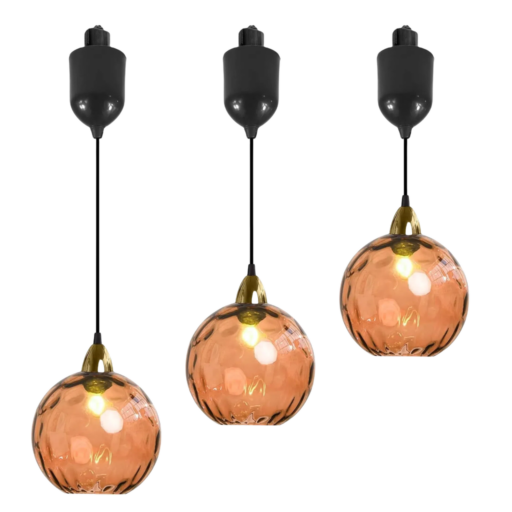 Adjustable Height Juno Track Lighting Pendants, 4 ft Cord, J-Type Dimmable Vintage Metal E26 Socket Chandeliers Orange Hammered Glass Globe for Bar 3 Lights Kitchen Ceiling