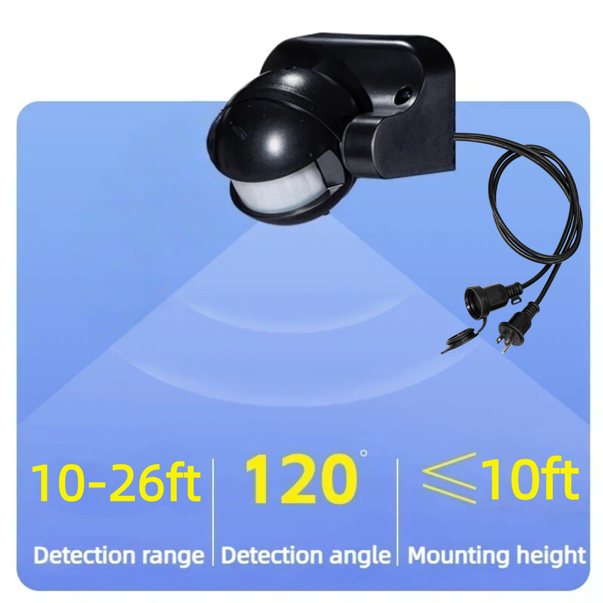 Motion sensor performance specifications: 120-degree wide detection angle, 3-8m (9.8-26ft) detection range, and recommended mounting height under 3m (9.8ft). Illustrated with a 6.6ft plug-in cord for versatile outdoor security lighting installation.