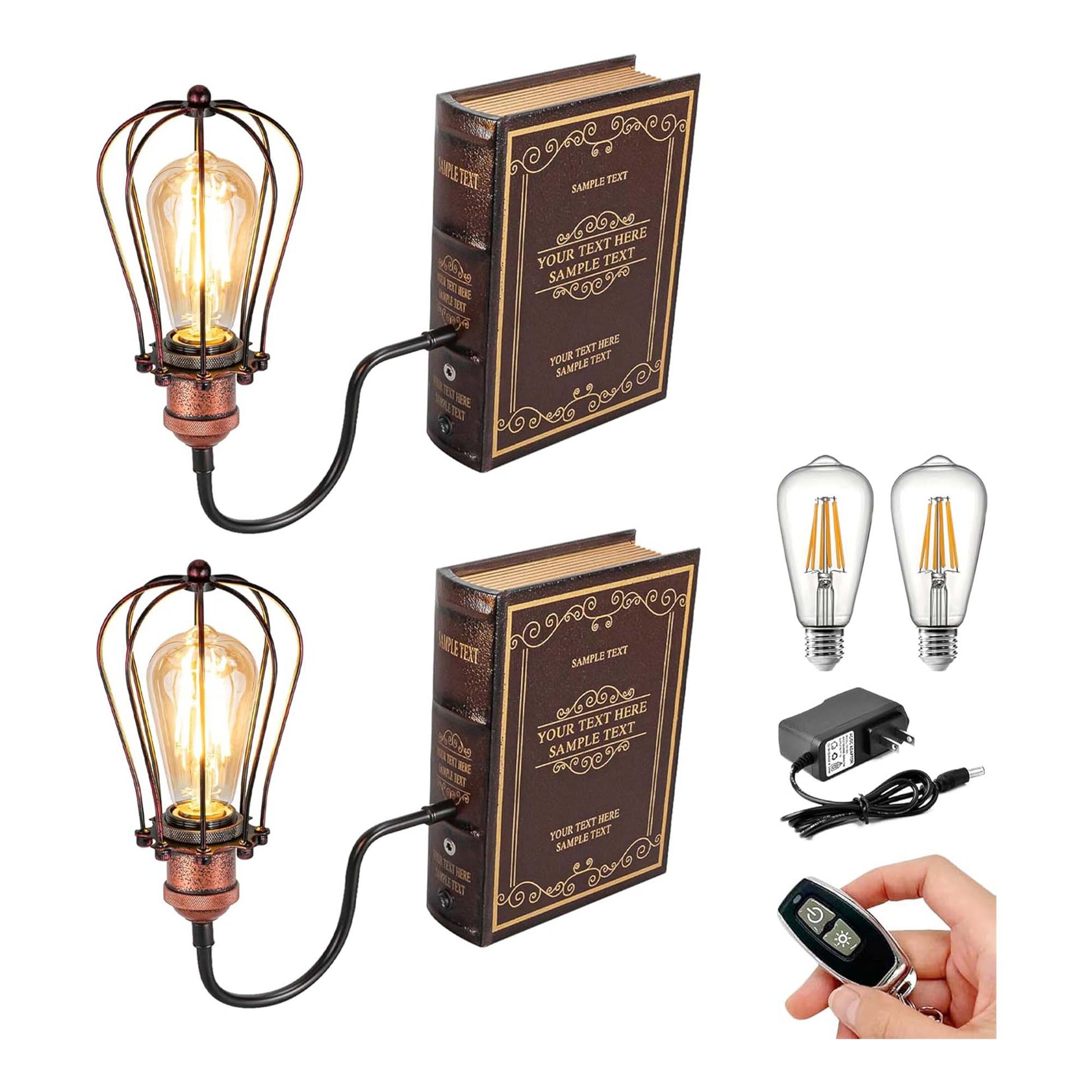 Kiven Cordless Bookshelf Lamp, Set of 2 Rechargeable Bookcase Lighting with Iron Lampshade, Farmhouse Decorative Bookend, Cordless Table Lamp for Bedside Bookshelf Cabinet Home Decor Rusty Red DZ0006