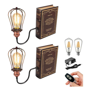 Kiven Cordless Bookshelf Lamp set, rustic red, iron cage design with included bulbs, adapter, and remote.