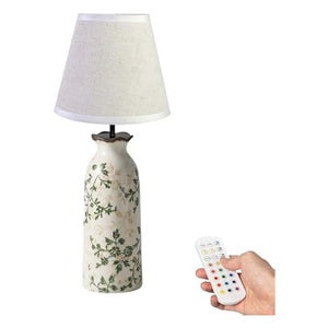 Kiven Cordless Table Lamp with fabric shade, floral vase base, dimmable LED, and remote control. Ideal for ambient lighting.
