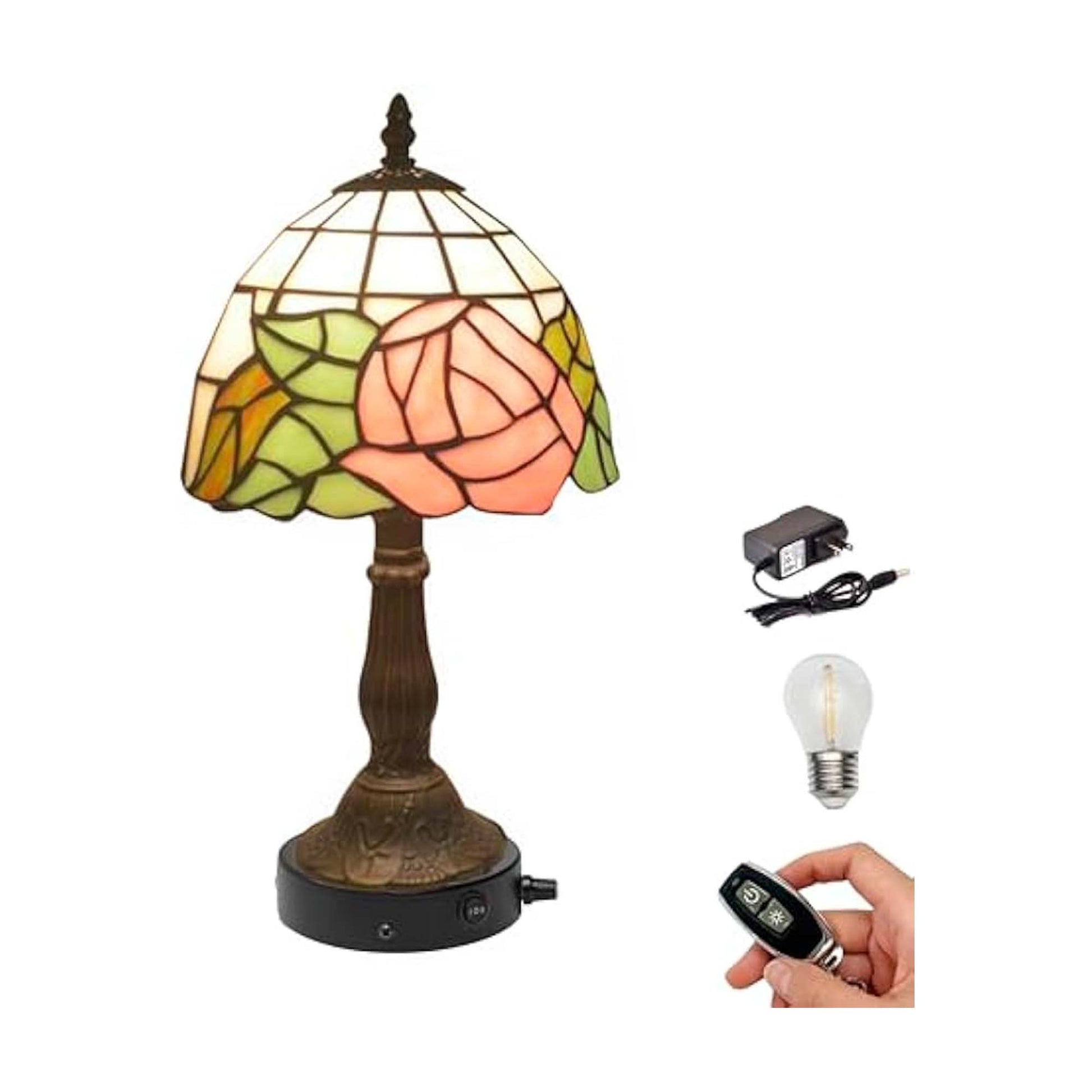 Kiven Cordless Table Lamp,1-Light Dimmable Bedside Lamps for Nightstand with Pink Glass Lampshade, Tiffany-Style Rechargeable Desk Lamp for Reading Home Decor Bedside TD0767