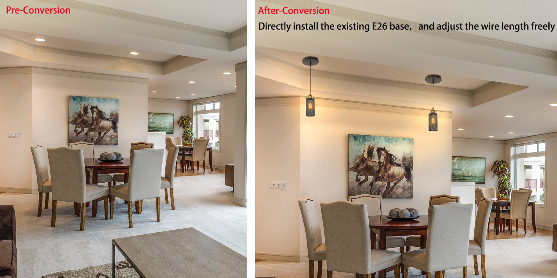 Ceiling spotlights to pendant light conversion with E26 base, adjustable wire length, before & after in dining room.