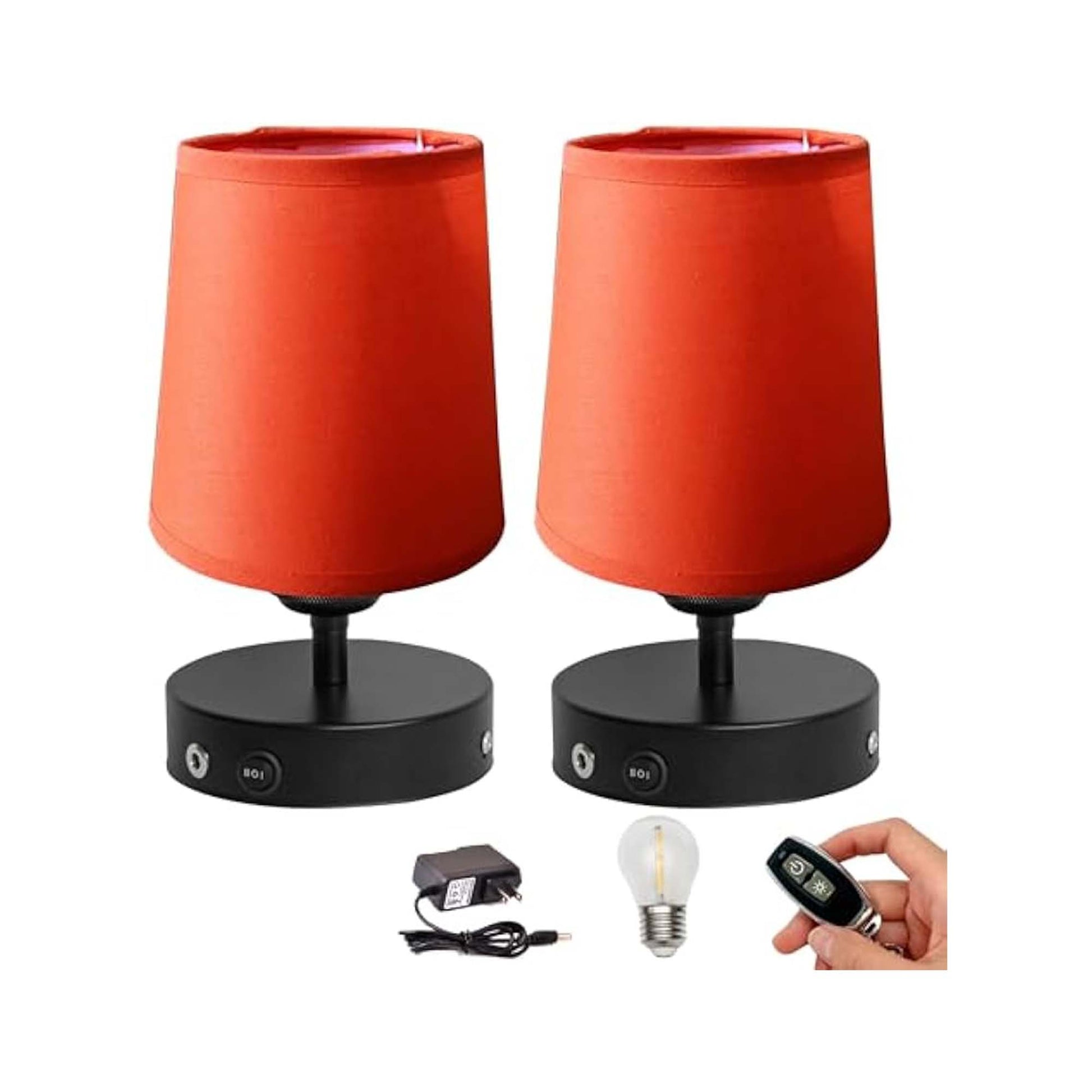 Kiven Cordless Table Lamp Indoor, Battery Operated Nightstand Lamp with Orange Fabric Lampshade, Rechargeable Modern Bedside Lamp for Restaurant Bedroom Kitchen Bars Shelf Home Decor, 2 Pack