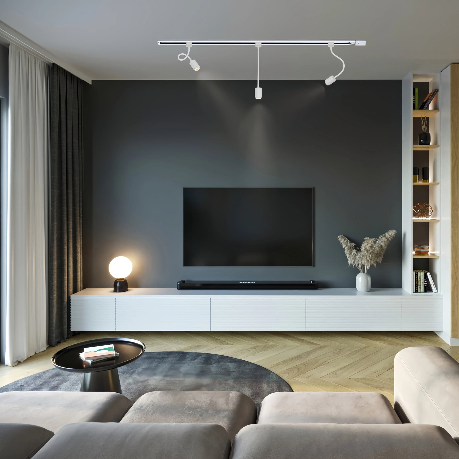 Kiven track light in modern living room, white gooseneck spotlights, and contemporary decor for stylish home lighting